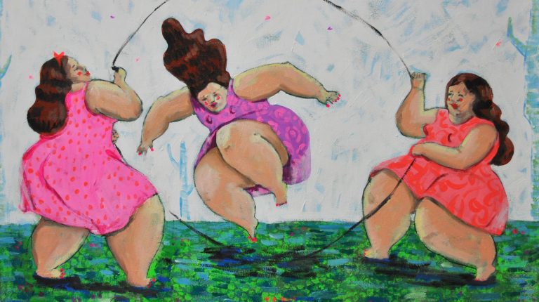 Portraits of overweight ladies, laughing, playing, and enjoying their time, with blazing florescent colours: this is the main theme young artist Esraa Zidan adopts in her paintings